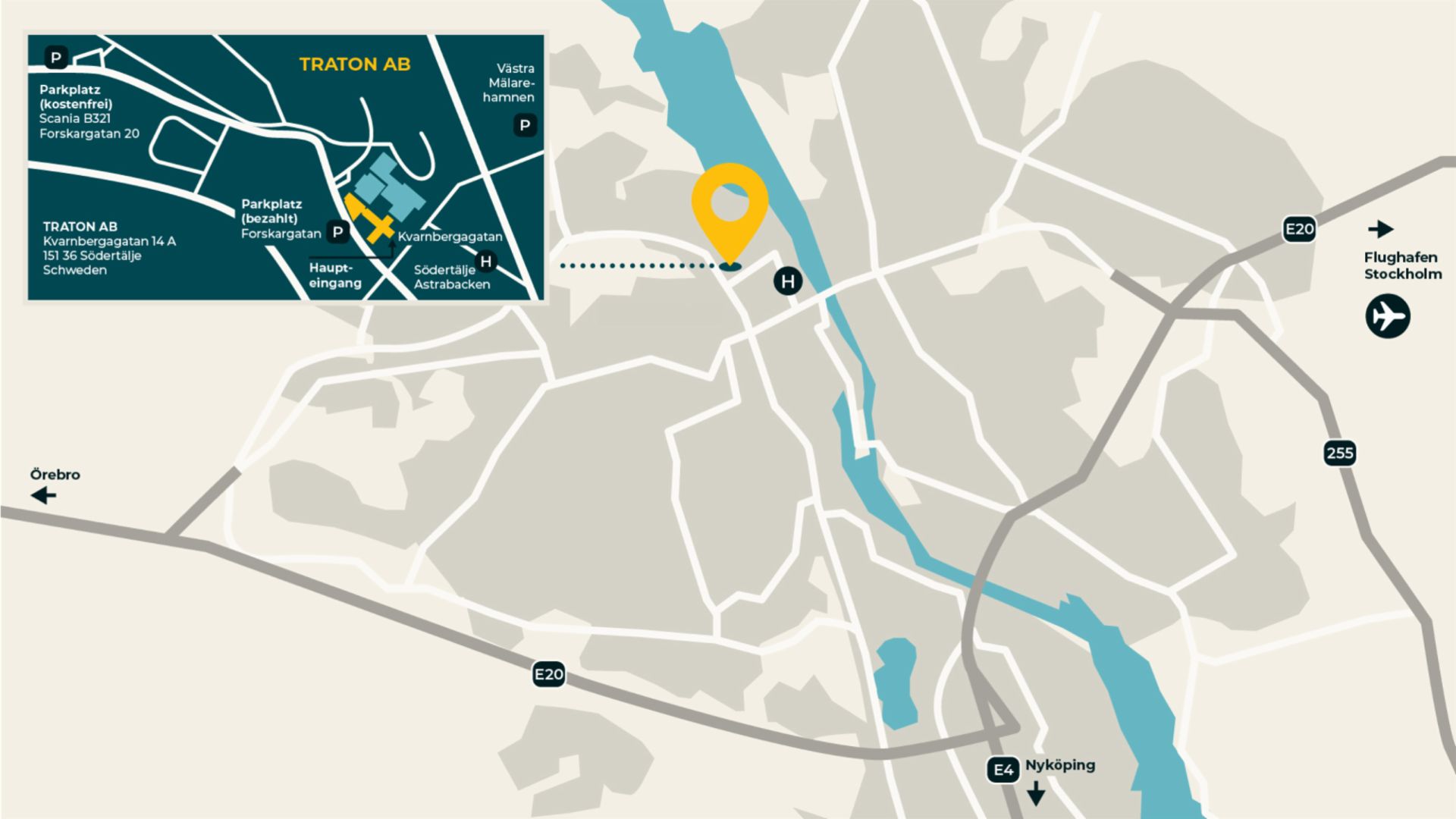 Detaillierte Karte des TRATON Standorts in Södertälje, Schweden. Zeigt Parkplätze, Haupteingang und wichtige Verkehrsanbindungen für einfache Navigation.