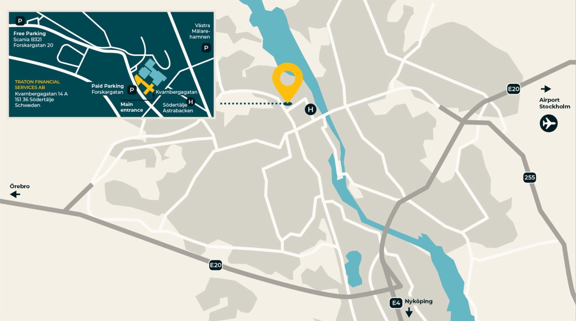 Detailed map of TRATON's location in Södertälje, Sweden. Shows parking areas, main entrance, and key transport links for easy navigation.