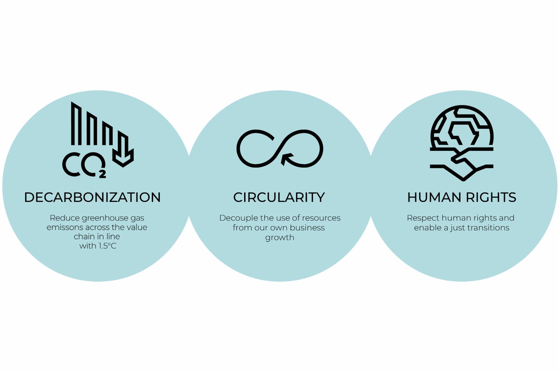 Three icons representing decarbonization, circularity, and human rights, each with short descriptions about reducing emissions, resource use, and fair transitions.