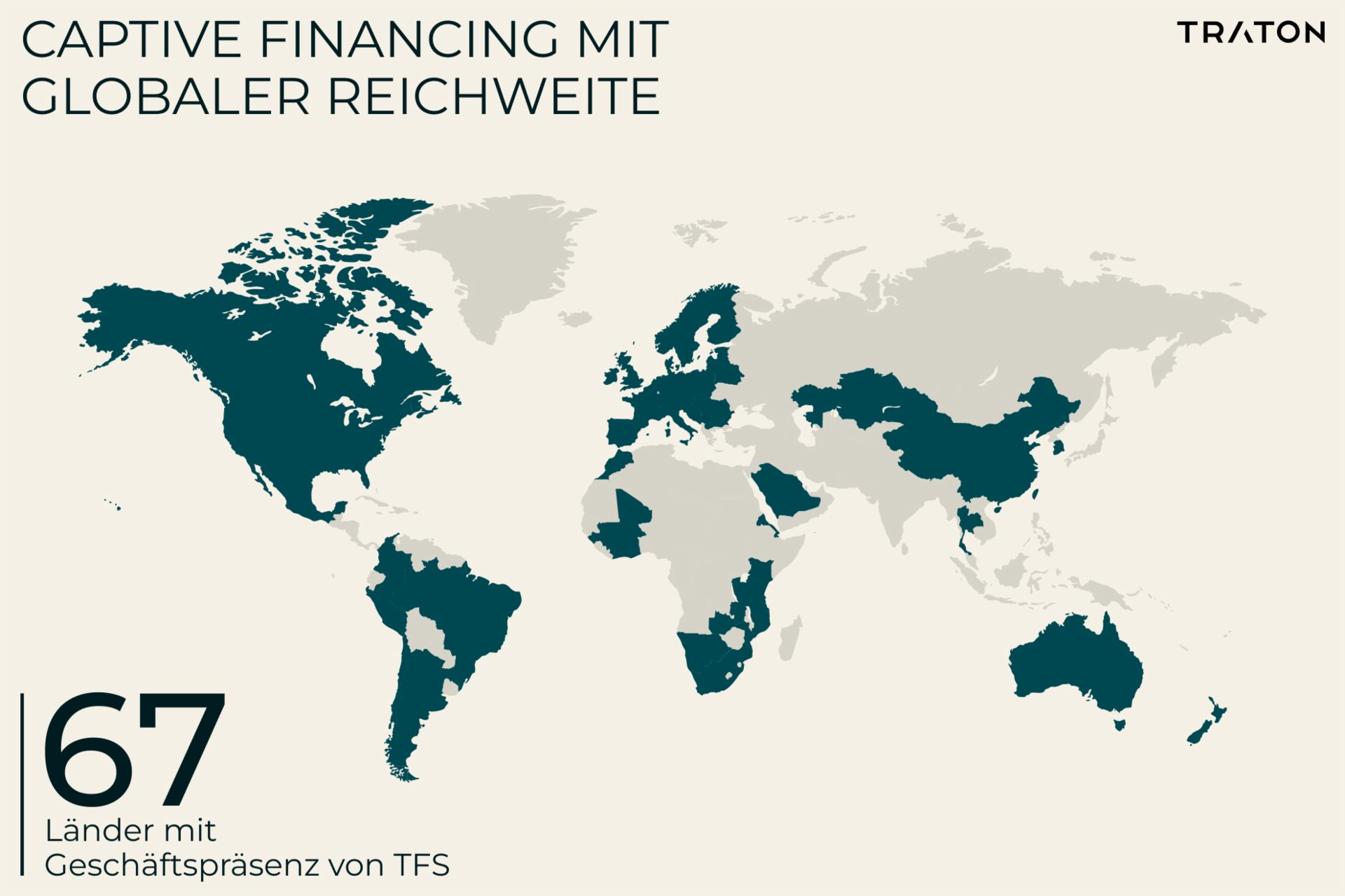 Eine Weltkarte, die 67 Länder hervorhebt, in denen TFS eine Geschäftspräsenz hat, wobei diese Länder in dunkler Färbung schattiert sind.