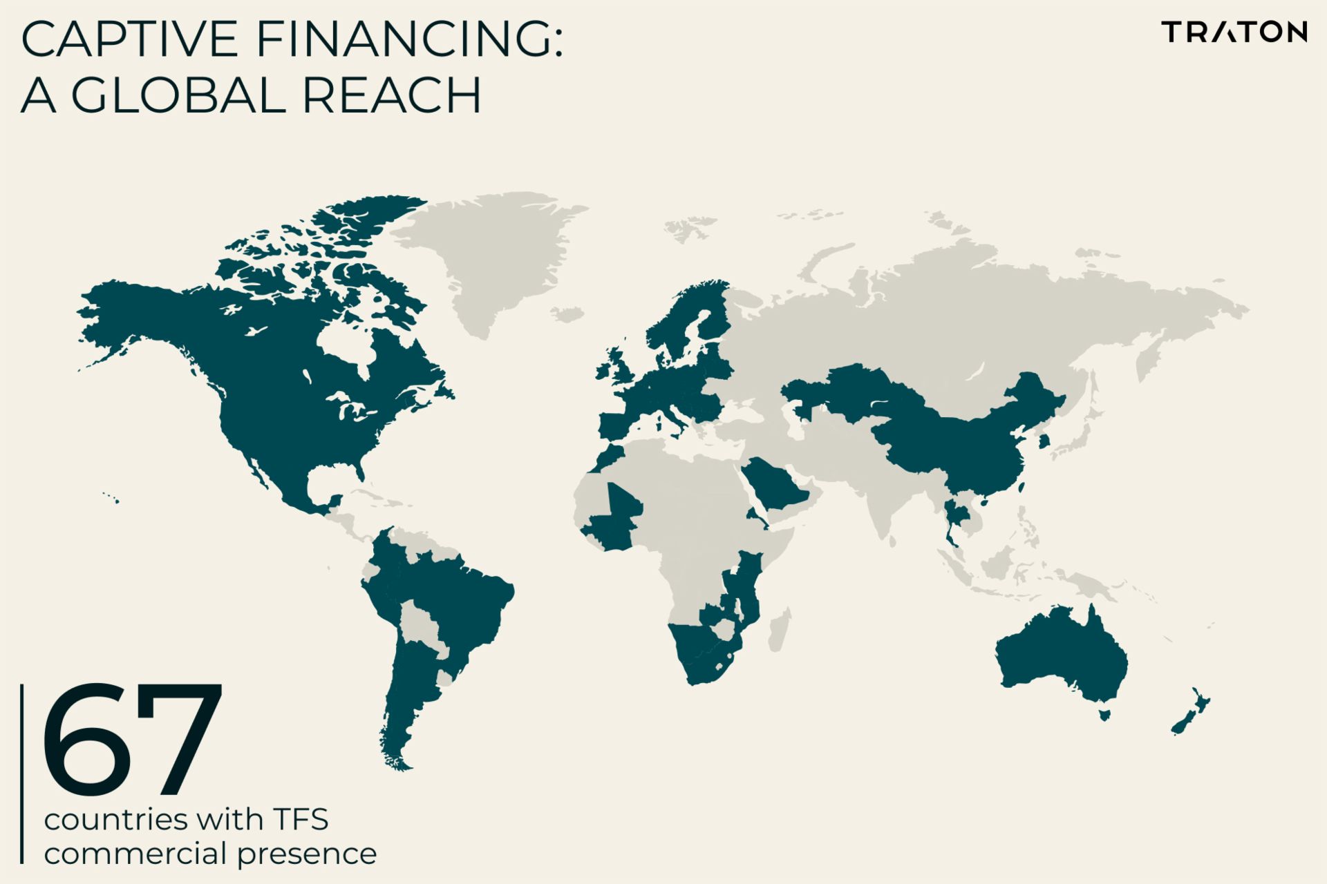 A world map highlighting 67 countries where TFS has a business presence, with these countries shaded in dark teal.