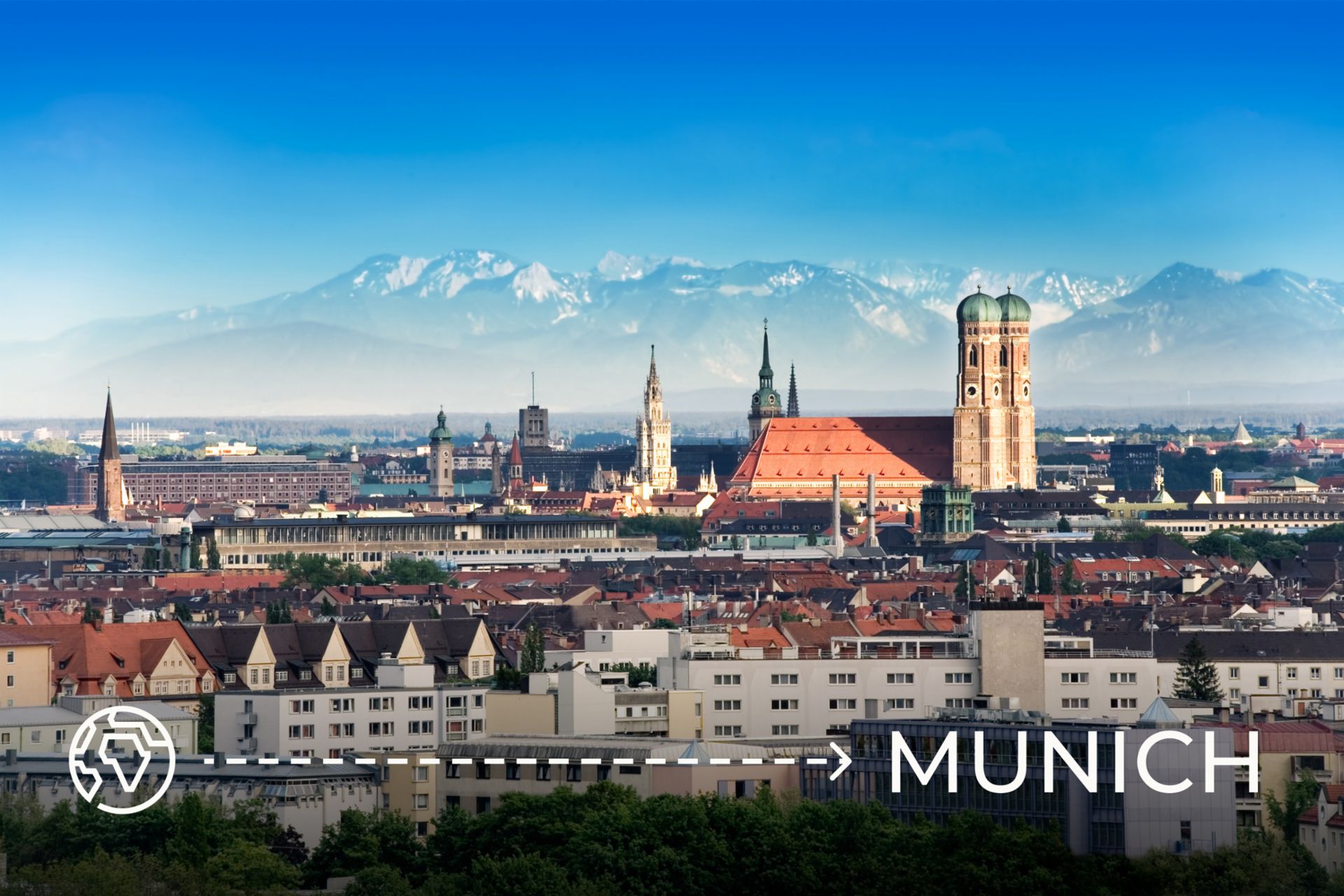 A breathtaking view of Munich's skyline, featuring the imposing Frauenkirche and the majestic Alps in the background. The word 