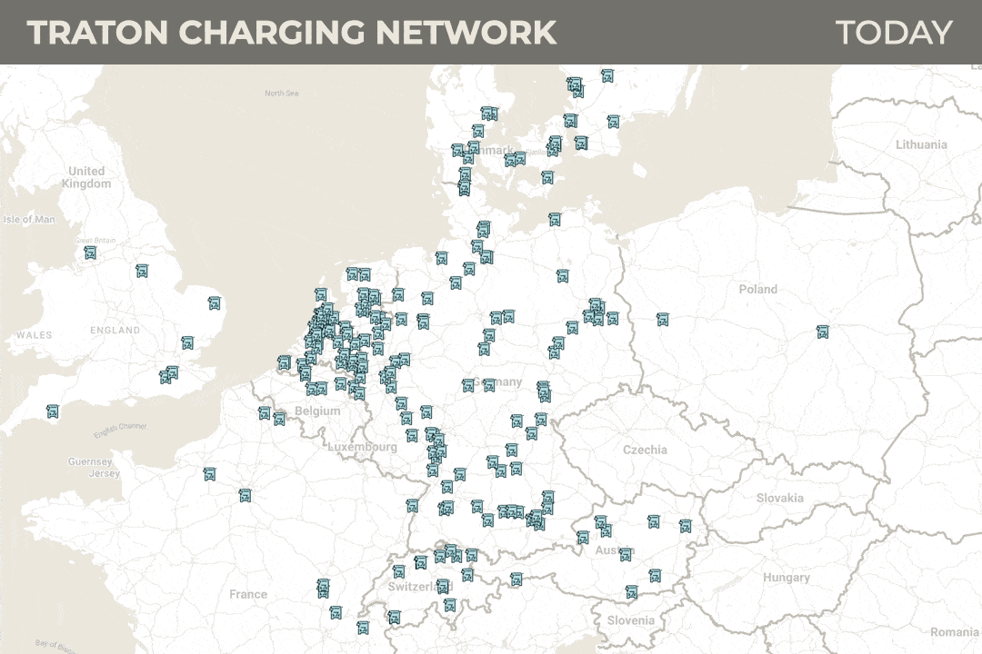 Karte, die das geplante Netzwerk von TRATON Charging Solutions in Europa bis 2030 zeigt, mit zahlreichen markierten Ladestationen